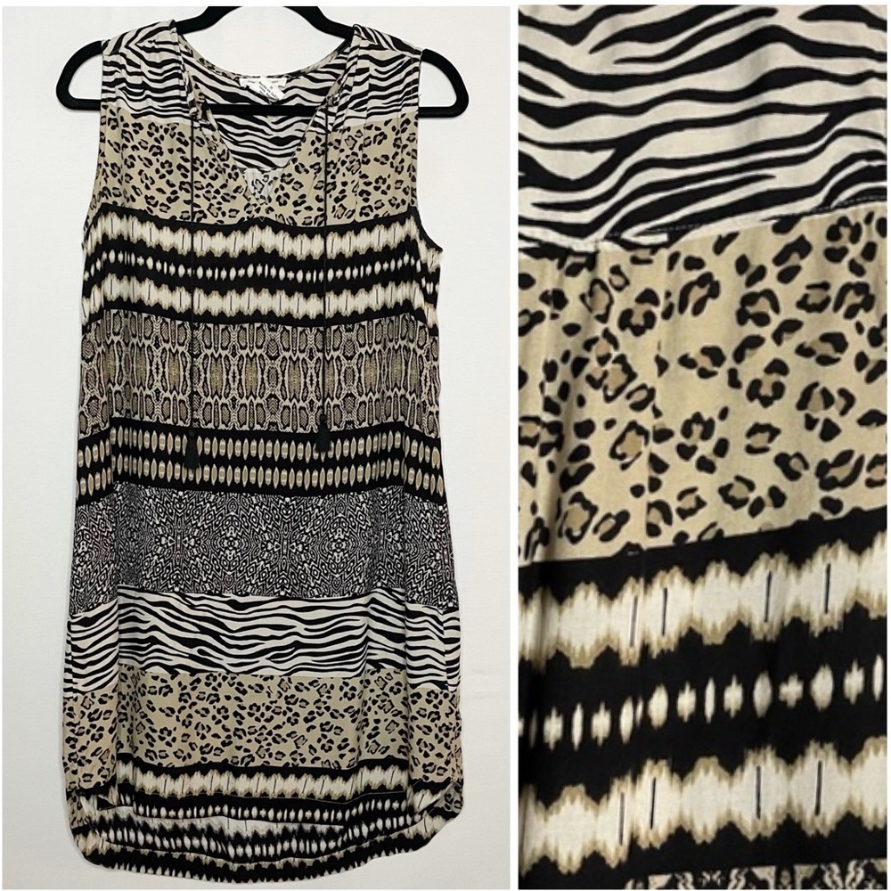 beachlunchlounge Sleeveless Animal Print Mini Dress in Black and Cream